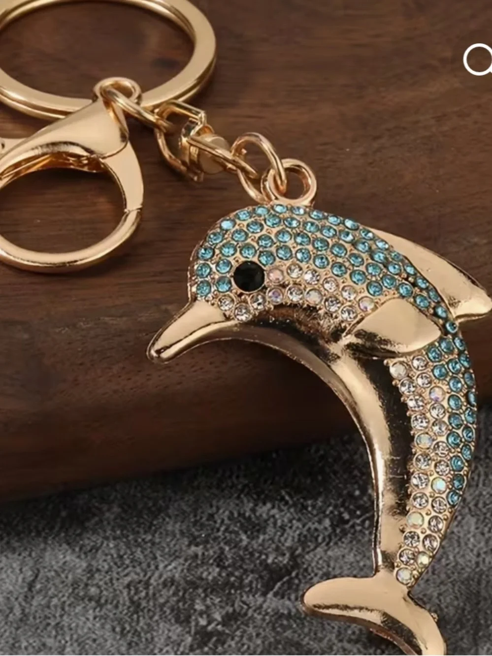 Gold Dolphin Keychain with Blue Crystal Accents